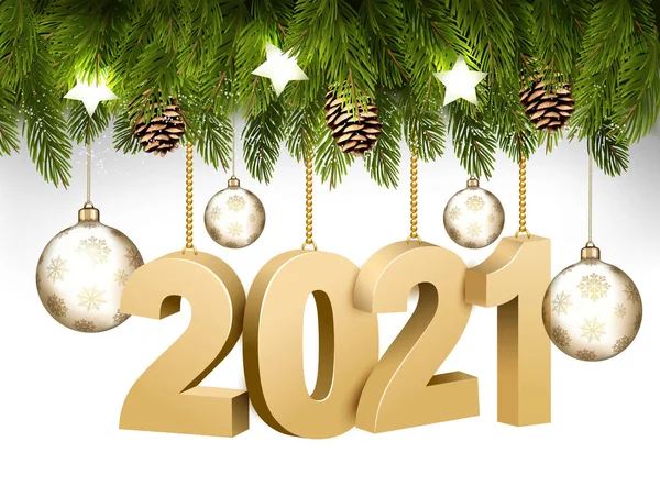 Marco Navideño Con Ramas Guirnalda Árboles Camadas 2021 Bolas Transparentes — Vector de stock