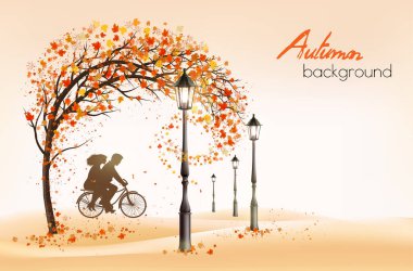 Merhaba altın sonbahar. Sonbahar manzarası, ağaçta sonbahar renkli yapraklar ve arka planda bir parkta silueti olan bir bisiklet. Vektör illüstrasyonu