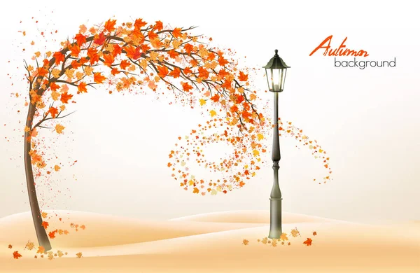 Autumn Background Tree Colorful Leaves Lamppost Vector — Stock Vector