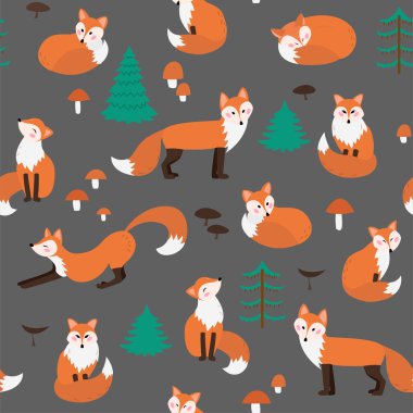 Sevimli tilki, karikatür tarzı ile Dikişsiz el çizilmiş desen. Vektör Illustration, tekstil baskı.