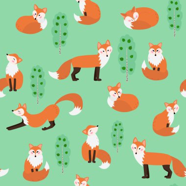 Sevimli tilki, karikatür tarzı ile Dikişsiz el çizilmiş desen. Vektör Illustration, tekstil baskı.
