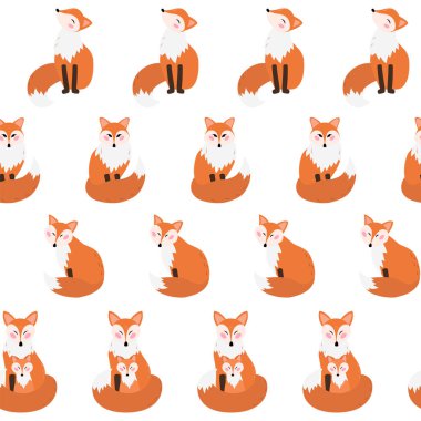 Sevimli tilki, karikatür tarzı ile Dikişsiz el çizilmiş desen. Vektör Illustration, tekstil baskı.