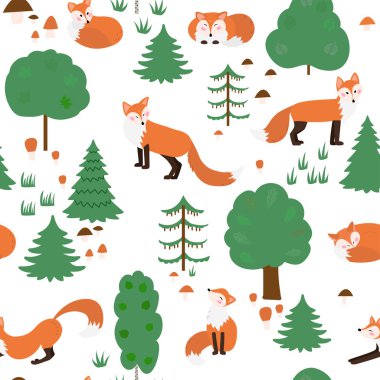 Sevimli tilki, karikatür tarzı ile Dikişsiz el çizilmiş desen. Vektör Illustration, tekstil baskı.