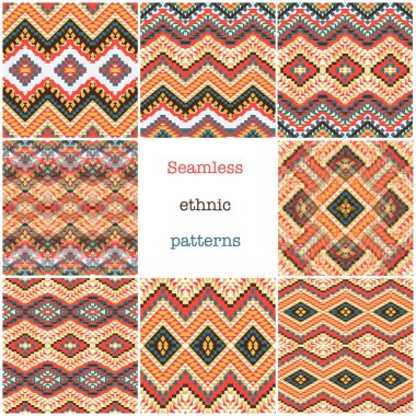 Geometrik Dikişsiz etnik desenler, renkli arka planlar seti 