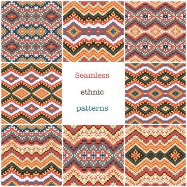Geometrik Dikişsiz etnik desenler, renkli arka planlar seti 