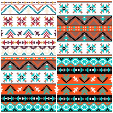 Geometrik Dikişsiz etnik desenler, renkli arka planlar seti 
