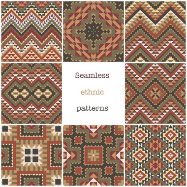 Geometrik Dikişsiz etnik desenler, renkli arka planlar seti 