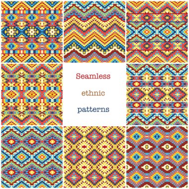 Geometrik Dikişsiz etnik desenler, renkli arka planlar seti 