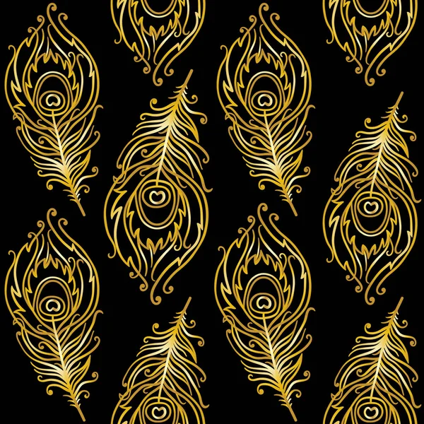 Plumas Art Deco Fondo Negro Dorado — Vector de stock