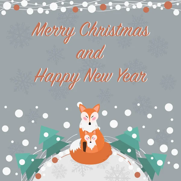 Ručně Kreslené Vánoční Blahopřání Roztomilé Lišky Kreslený Styl — Stockový vektor
