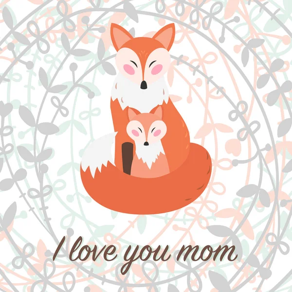 Amo Mãe Cartão Saudação Para Dia Das Mães Com Raposas — Vetor de Stock