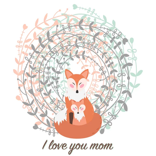Amo Mãe Cartão Saudação Para Dia Das Mães Com Raposas — Vetor de Stock