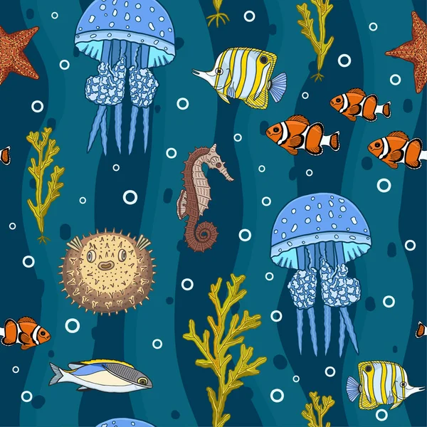 Nahtloses Muster Hintergrund Mit Unterwasserfauna Fischen Und Quallen Cartoon Stil — Stockvektor
