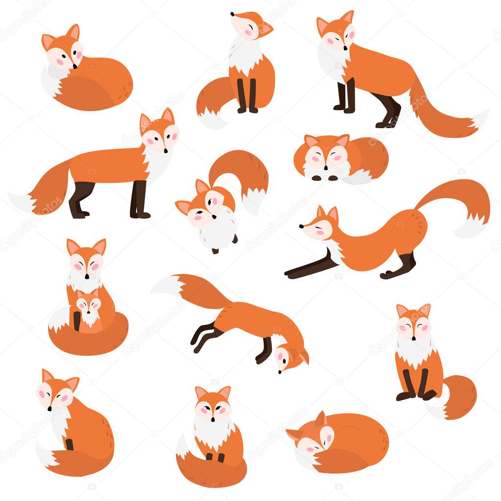 Seamless hand drawn pattern with cute foxes, cartoon style. Vector illustration, textile print.