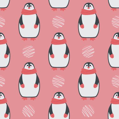 Ormanlık hayvanlar, komik karikatür karakterler ile çocuklar Dikişsiz desen. Örme eşarp giyen sevimli penguenler. Pembe arka plan. Tekstil baskı.