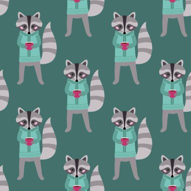 Sevimli hayvanlar, ormanlık karakter ile çocuklar Dikişsiz desen. Sıcak çay bir fincan kazak giyen komik rakun. Vektör Illustration, tekstil baskı.