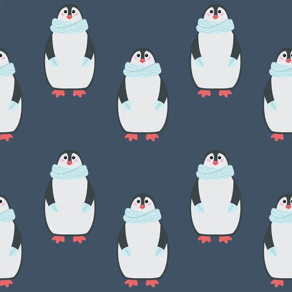 Barn sömlösa mönster med söta djur, skogsmark karaktär. Rolig pingvin är klädd i stickad halsduk. Vektor illustration. Textiltryck. — Stock vektor