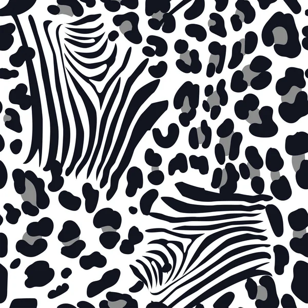 Seamless animal pattern, fur texture. Zebra and leopard skin. Black and white vector wallpaper. Textile print. — Stock Vector