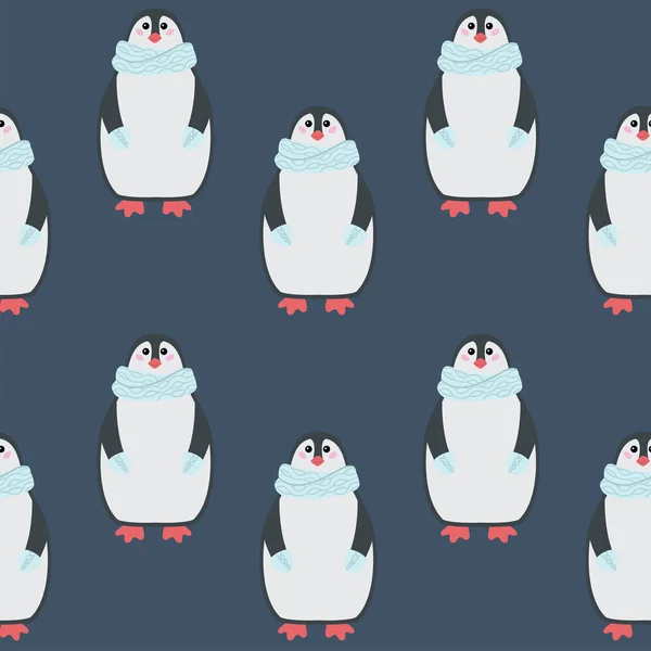 Patrón sin costuras para niños con animales lindos, carácter del bosque. Divertido pingüino está usando bufanda de punto. Ilustración vectorial. Estampado textil . — Archivo Imágenes Vectoriales