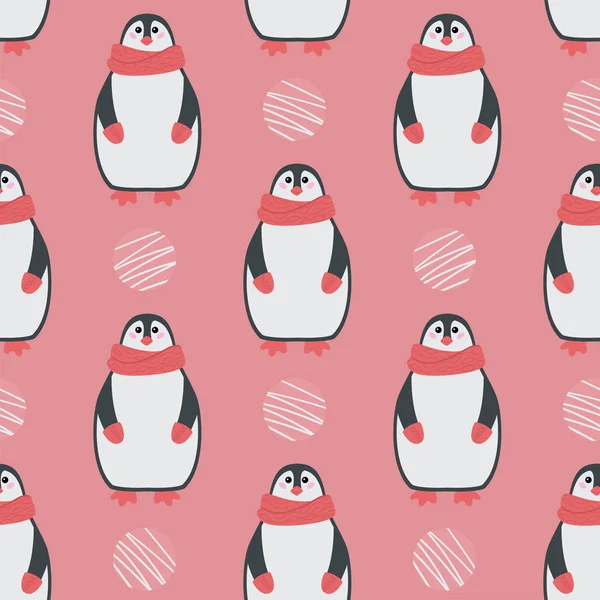 Patrón sin costuras para niños con animales del bosque, divertidos personajes de dibujos animados. Lindos pingüinos con bufanda de punto. Fondo rosa. Estampado textil . — Archivo Imágenes Vectoriales