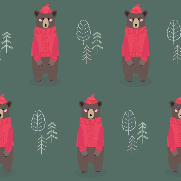 Patrón sin costuras para niños con animales del bosque, divertidos personajes de dibujos animados. Oso con suéter de punto y gorra en el bosque, estampado textil . — Archivo Imágenes Vectoriales