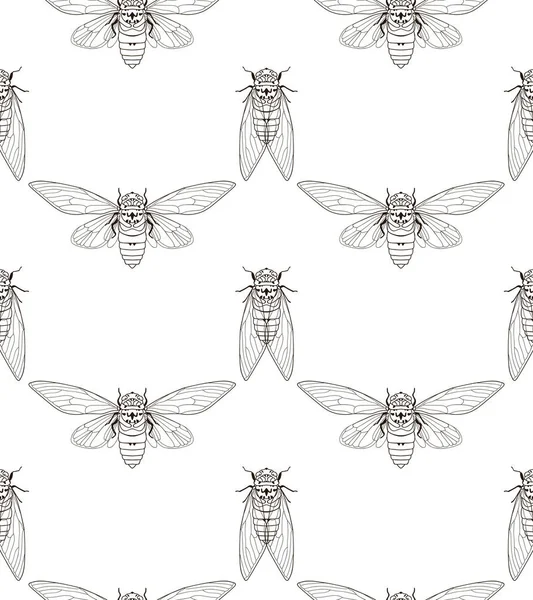 Cicada Dikişsiz Desen Entomoloji Tekstil Baskı Vektör Illüstrasyon — Stok Vektör