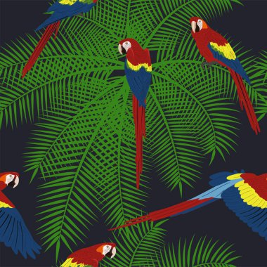 Renkli tropikal kuşlar ve yeşil yaprakları ile Seamless Modeli