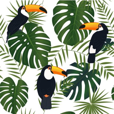 Renkli tropikal kuşlar ve yeşil yaprakları ile Seamless Modeli