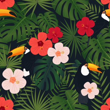 Renkli tropikal kuşlar ve yeşil yaprakları ile Seamless Modeli