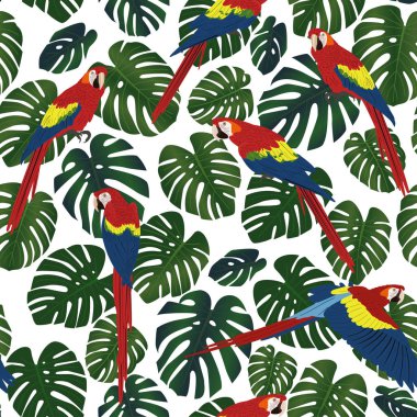 Renkli tropikal kuşlar ve yeşil yaprakları ile Seamless Modeli