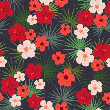 Tropikal yeşil yaprakları ve renkli çiçekler ile Dikişsiz desen