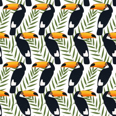 Renkli tropikal kuşlar ve yeşil yaprakları ile Seamless Modeli