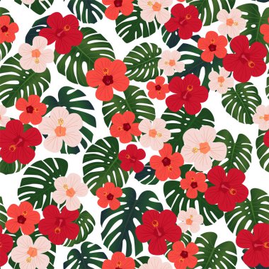 Tropikal yeşil yaprakları ve renkli çiçekler ile Dikişsiz desen