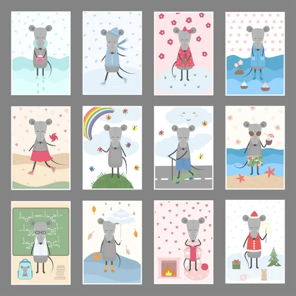 Colección Cartas Con Divertidas Ratas Dibujos Animados Sobre Fondo Gris — Vector de stock