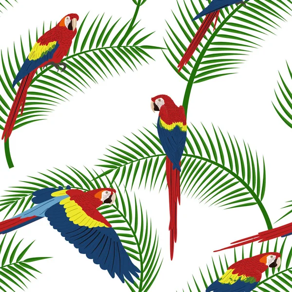 Seamless pattern with colorful tropical birds and green leaves