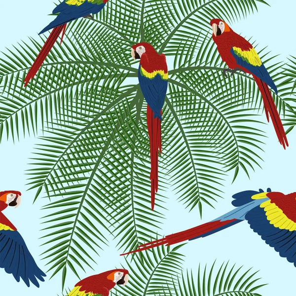 Patrón Sin Costuras Con Coloridas Aves Tropicales Hojas Verdes — Vector de stock