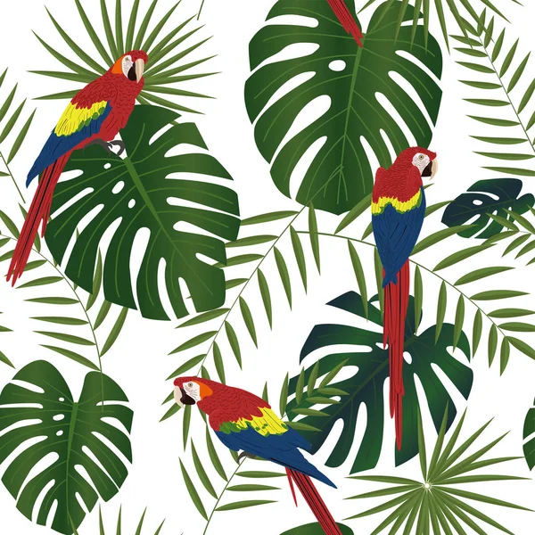 Seamless pattern with colorful tropical birds and green leaves