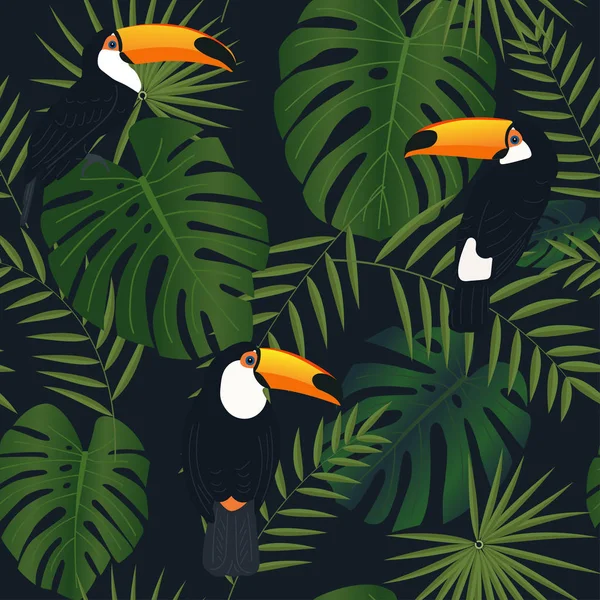 Seamless pattern with colorful tropical birds and green leaves