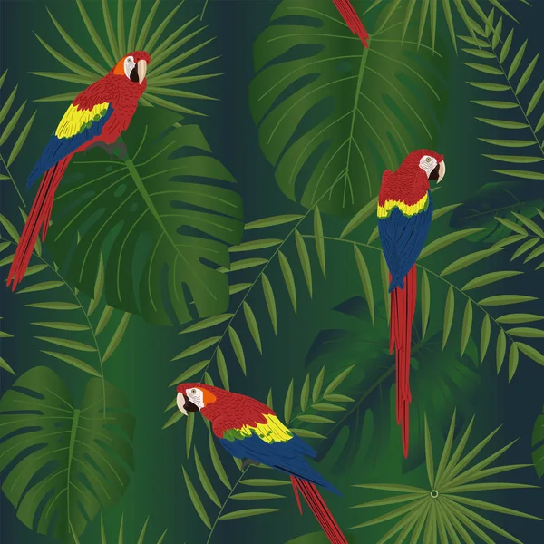 Patrón Sin Costuras Con Coloridas Aves Tropicales Hojas Verdes — Vector de stock
