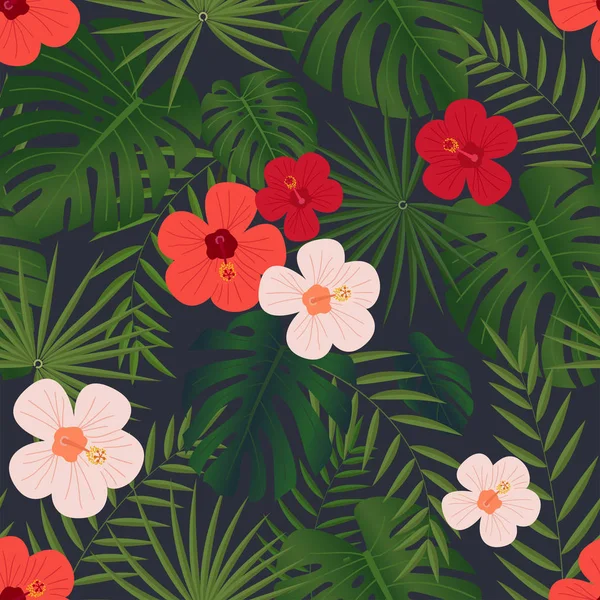 Patrón Sin Costuras Con Hojas Verdes Tropicales Flores Coloridas — Vector de stock