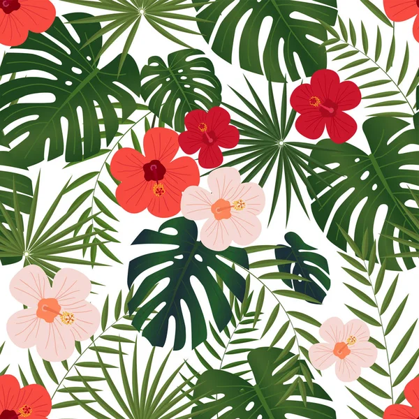 Seamless Pattern Tropical Green Leaves Colorful Flowers — Stock Vector