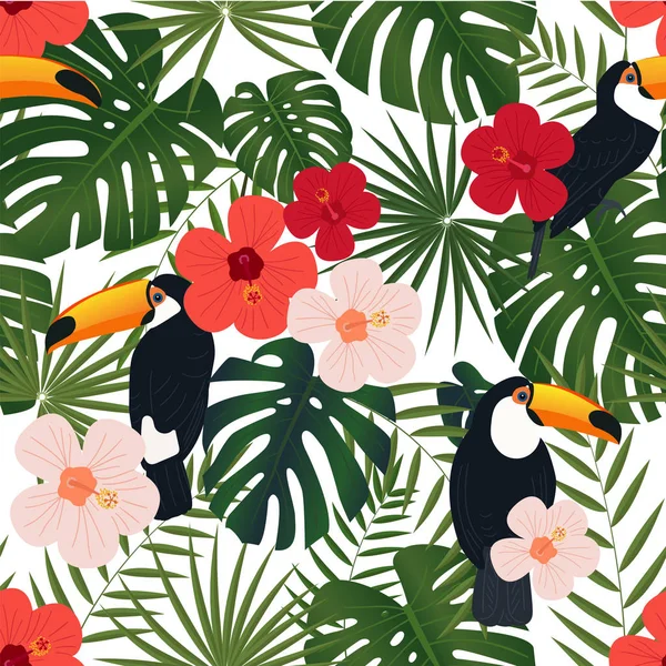 Seamless Pattern Colorful Tropical Birds Green Leaves — Stock Vector