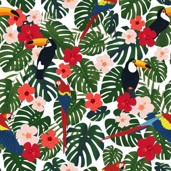 Modèle Sans Couture Avec Des Oiseaux Tropicaux Colorés Des Feuilles — Image vectorielle