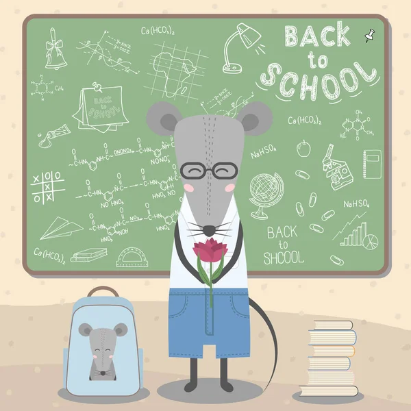 卡通老鼠与花在学校黑板背景 矢量图形