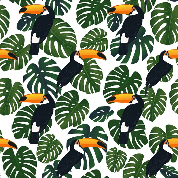 无缝模式与多彩的热带鸟类和绿色的树叶 图库插图