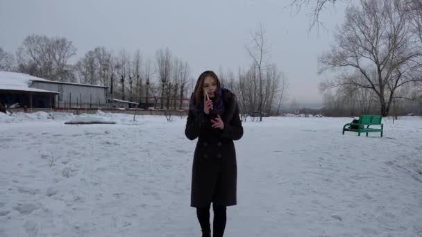 Fată Tânără Plimbare Iarnă — Videoclip de stoc
