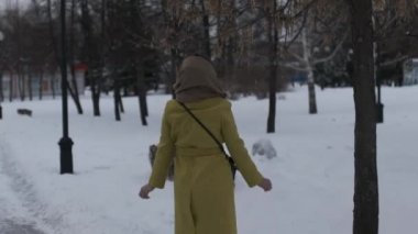 Genç Asyalı kız kış parkta yürüyor