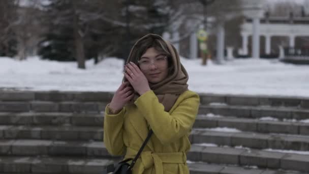 Jeune Fille Asiatique Marche Dans Parc Hiver — Video