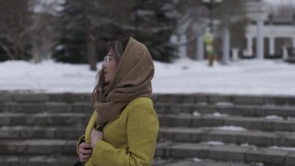 Tineri Asiatic Fata Walks Winter Park — Videoclip de stoc