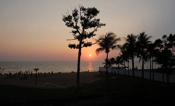 Pôr Sol Costa Tailândia Palmeiras Praia — Fotografia de Stock